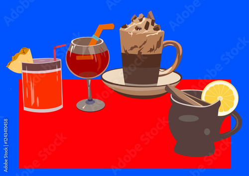 Set of different drinks: mulled wine, coffee, cocktail, tea.