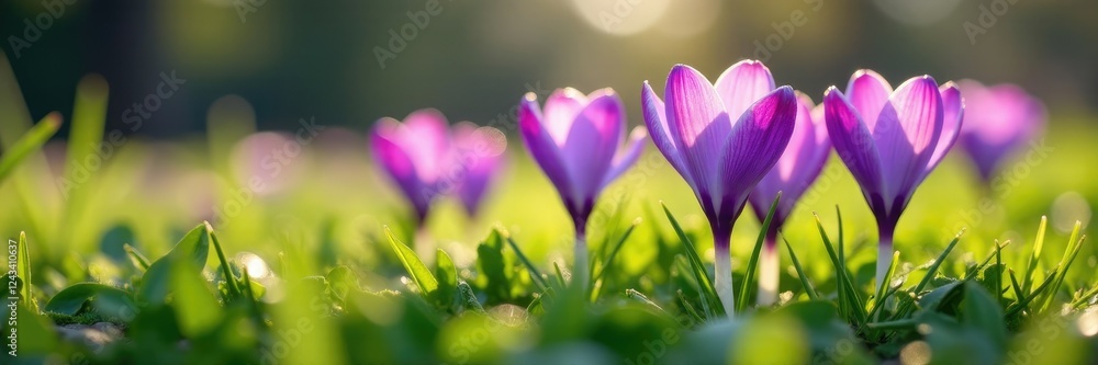 Fototapeta premium Delicate purple crocus flowers unfolding in dewy grass, dew, flowers