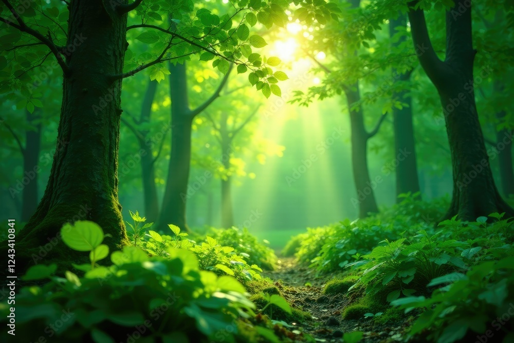 Obraz premium Dense foliage with radiant light filtering through leaves, illuminated forest, greenery