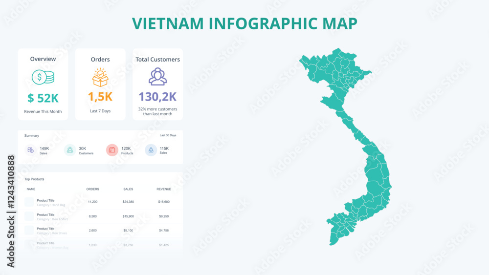 Fototapeta premium Business Growth Infographic Map of Vietnam. Orders, Customers, Sales Overview & product Infographic Map of Vietnam. Easy to edit