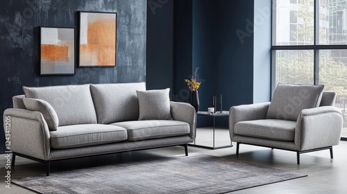 Modern interior design featuring a gray sofa and armchair against a concrete wall  with black frames on the floor in a dark blue room with a window