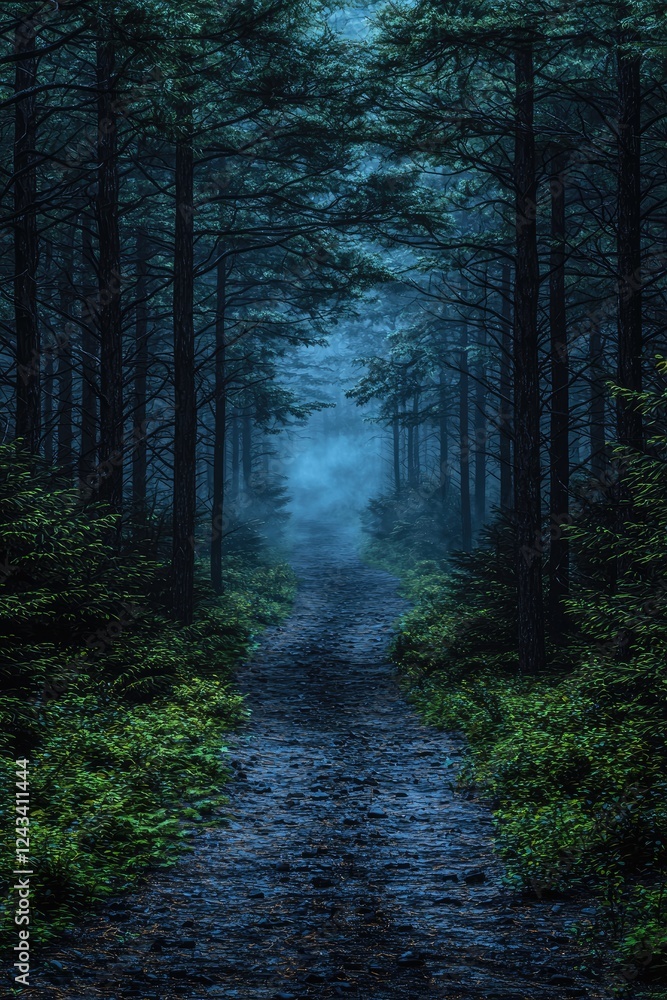 Obraz premium Misty Forest Path Winding Deep Within Woods
