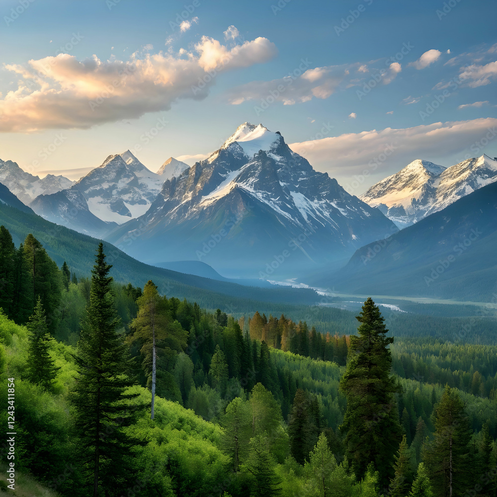 Fototapeta premium The mountains are breathtakingly beautiful, with one half covered in snow.