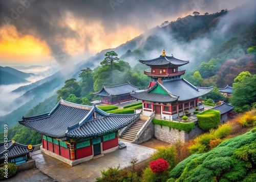 Foggy Panorama of Daeseongam Temple, Busan, South Korea - Peaceful Asian Buddhist Hermitage photo