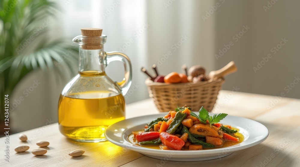 Cozy cooking setup showcasing palm oil and a vibrant vegetable dish Cozy cooking setup showcasing palm oil and a vibrant vegetable dish