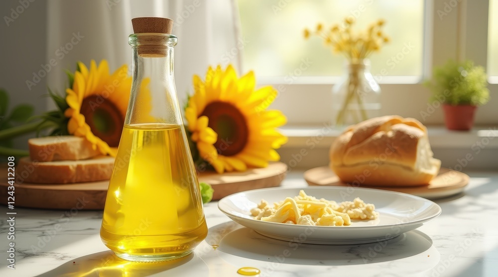 Cozy kitchen with glass bottle of sunflower oil and fresh ingredients on table Cozy kitchen with glass bottle of sunflower oil and fresh ingredients on table