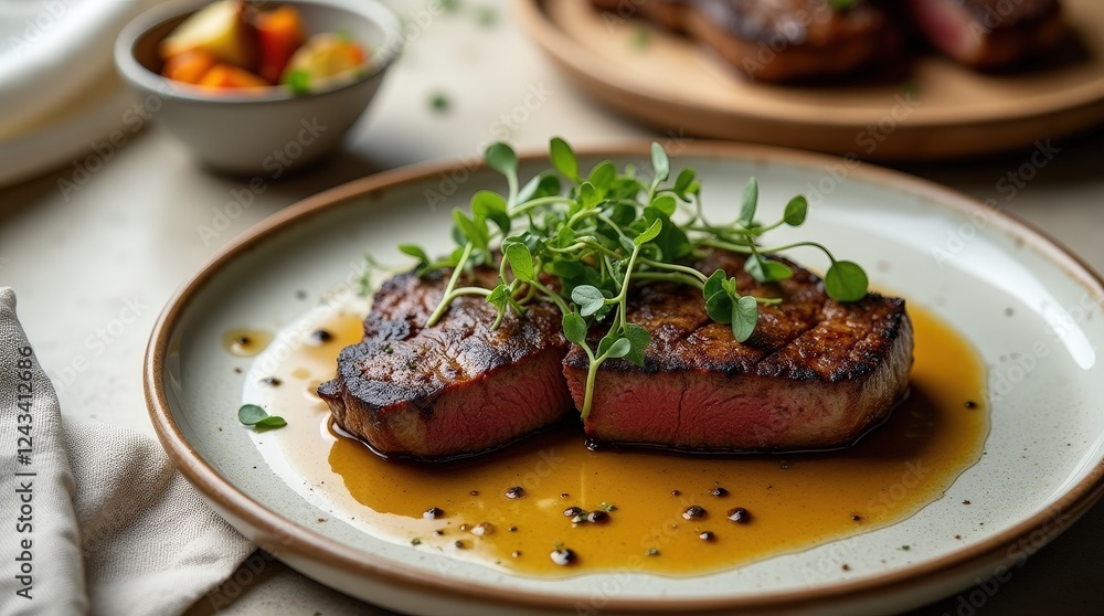 Gourmet dish featuring perfectly cooked steak with truffle oil drizzle Gourmet dish featuring perfectly cooked steak with truffle oil drizzle