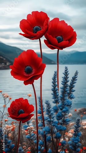 Three red poppies by lake.