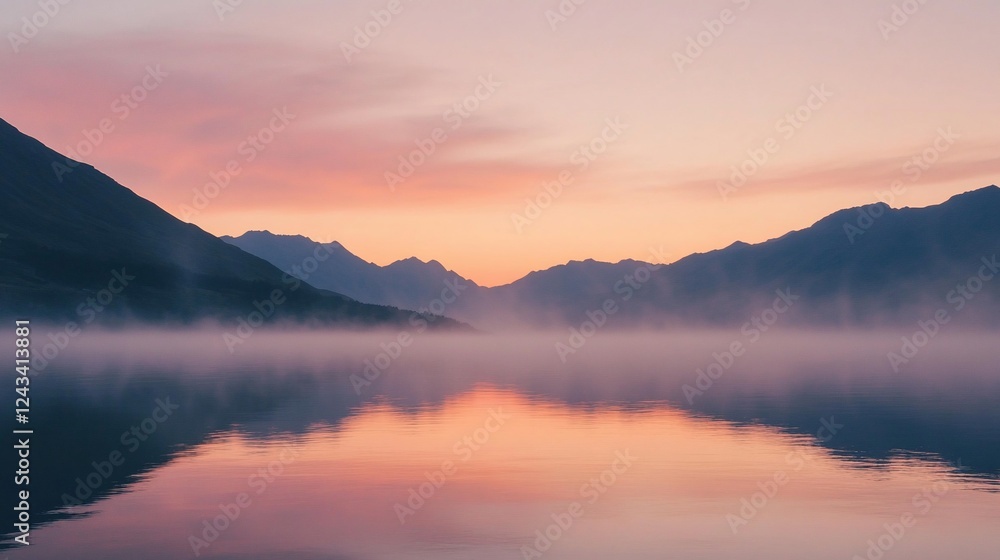 Fototapeta premium Misty sunrise lake, mountain reflection, calm scene, travel poster