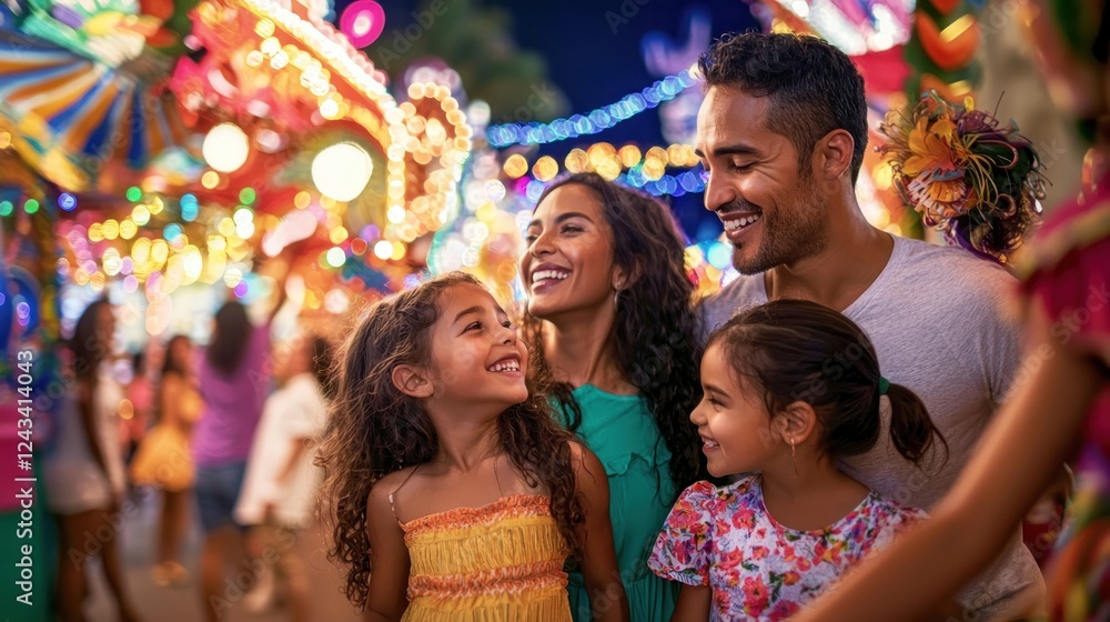 Fototapeta premium Multicultural Family of Five Dancing Joyfully at Carnival Celebration Surrounded by Colorful Floats and Bright Lights