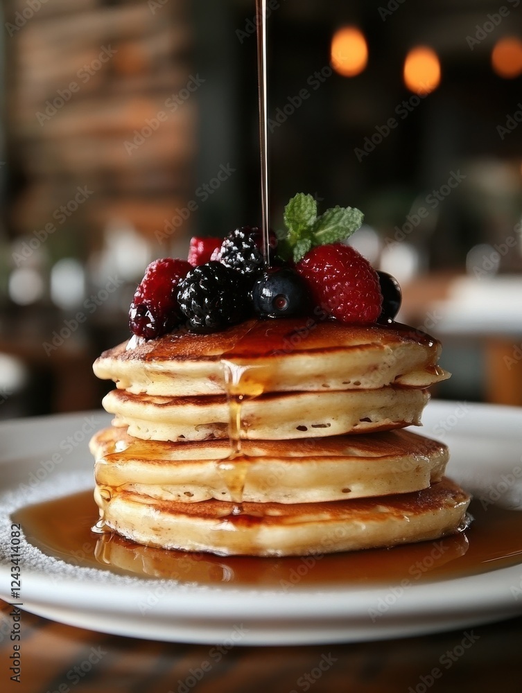 Fluffy pancake stack drizzled with syrup and topped with fresh berries for a delicious breakfast treat