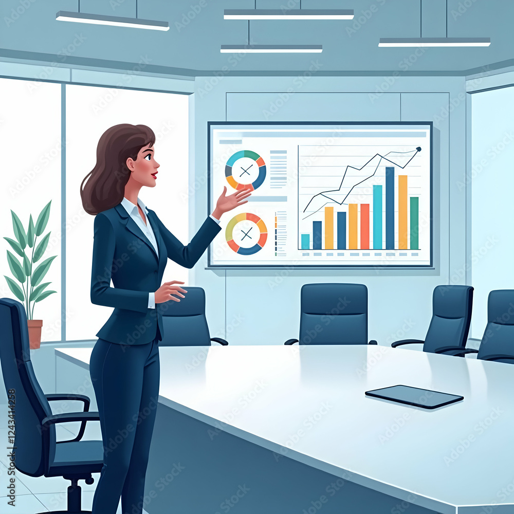 Cartoon Businesswoman Presenting Data Analysis in a Meeting Room Cartoon Businesswoman Presenting Data Analysis in a Meeting Room