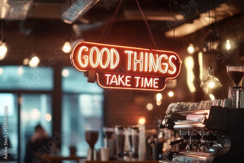 Neon sign in a cozy cafe emphasizing the idea that good things take time while coffee brews in the background photo