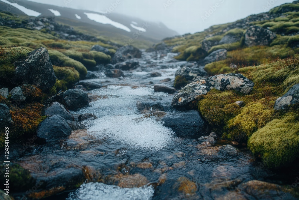 Spring stream flowing among stones and moss in a mountainous landscape Spring stream flowing among stones and moss in a mountainous landscape