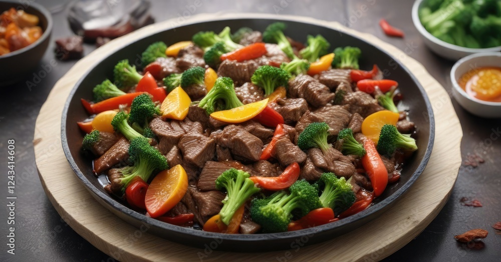 Steaming hot plate of stir-fried beef and crisp broccoli with colorful bell peppers, broccoli, restaurant, cuisine Steaming hot plate of stir-fried beef and crisp broccoli with colorful bell peppers, broccoli, restaurant, cuisine