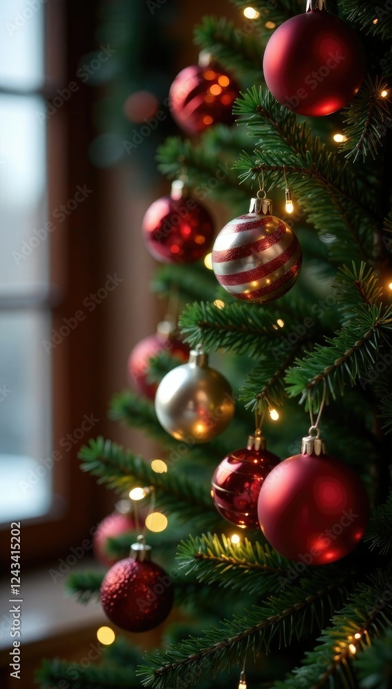 Fototapeta premium Striped ornaments and lights on a tall Christmas tree, xmas, garland, christmas tree