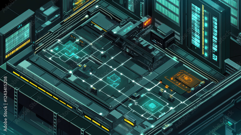 Isometric view of futuristic network environment featuring multiple layers, glowing circuits, and high tech elements. scene conveys sense of advanced technology and innovation Isometric view of futuristic network environment featuring multiple layers, glowing circuits, and high tech elements. scene conveys sense of advanced technology and innovation