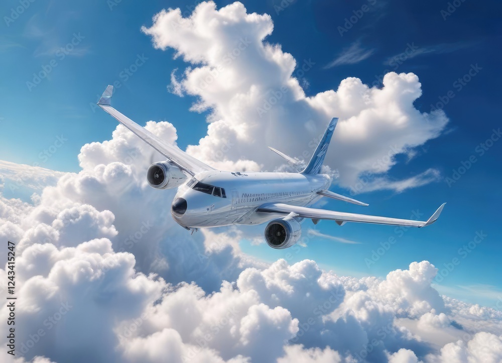 Obraz premium stunning aerial view of an airplane flying high in the clear blue sky with white fluffy clouds , cloud, aircraft,