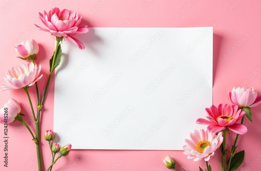 Fototapeta premium Postcard copyspace for text pink background with flowers March 8. AI Generative