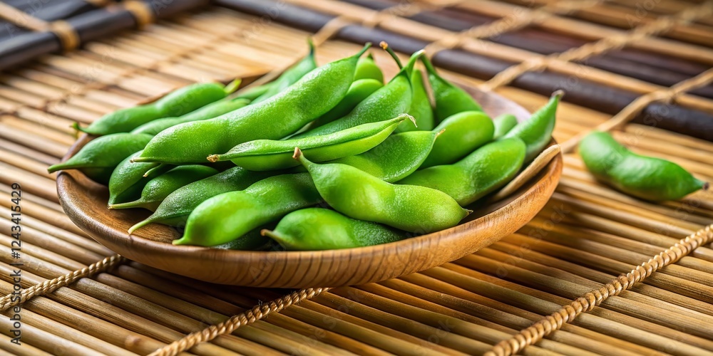 Fresh Edamame Pods on Bamboo Mat: Minimalist Green Food Photography Fresh Edamame Pods on Bamboo Mat: Minimalist Green Food Photography