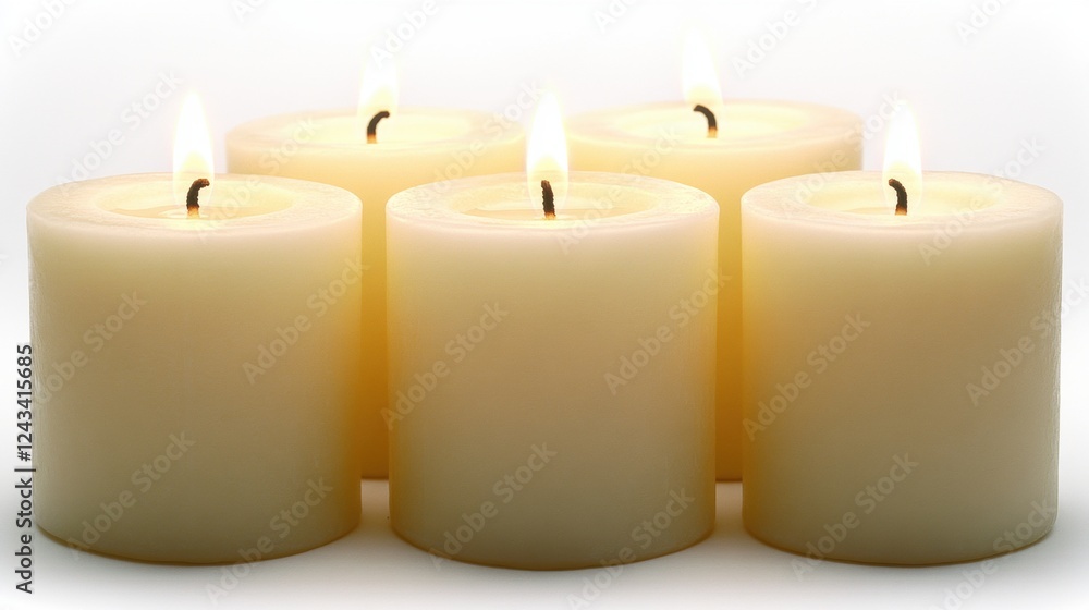 Five Lit Cream Colored Cylindrical Candles on White Background Five Lit Cream Colored Cylindrical Candles on White Background
