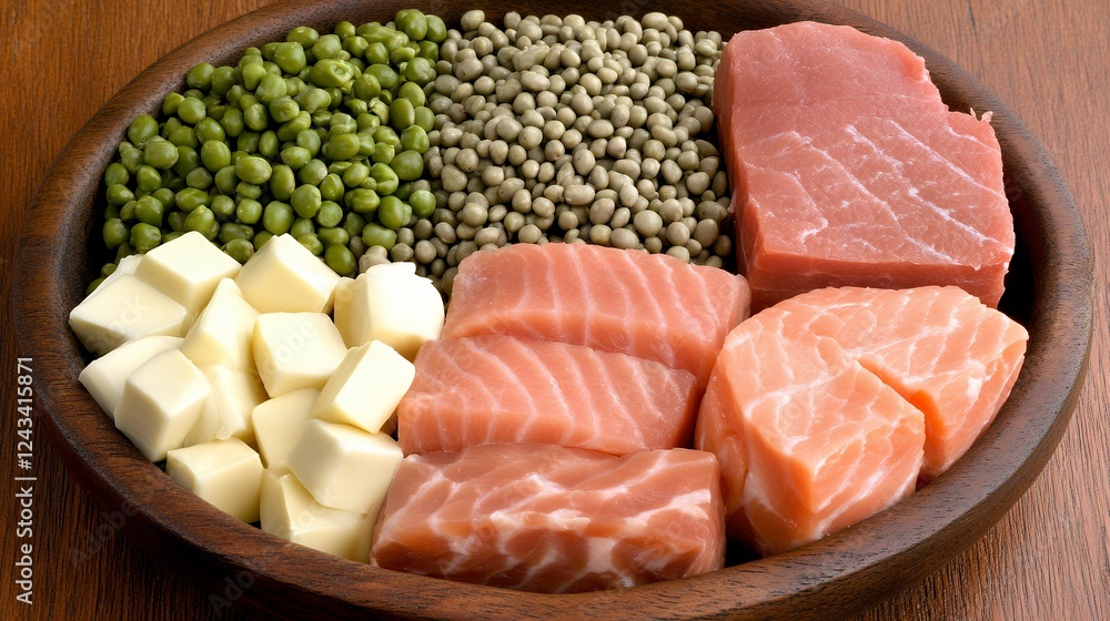 Balanced Meal Salmon, Beef, Cheese, and Legumes in Wooden Bowl