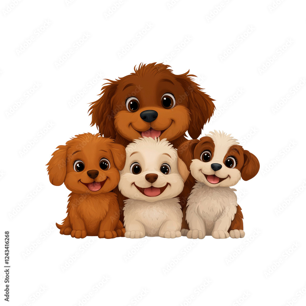 Obraz premium Adorable Puppy Family Four Cute Cartoon Dogs Huddled Together