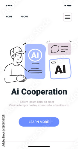 AI cooperation concept with person interacting with AI elements in minimalist hand drawn style featuring a person and AI icons on a mobile app screen