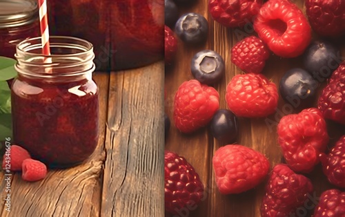 Raspberry and blueberry smoothie in mason jar on wood.