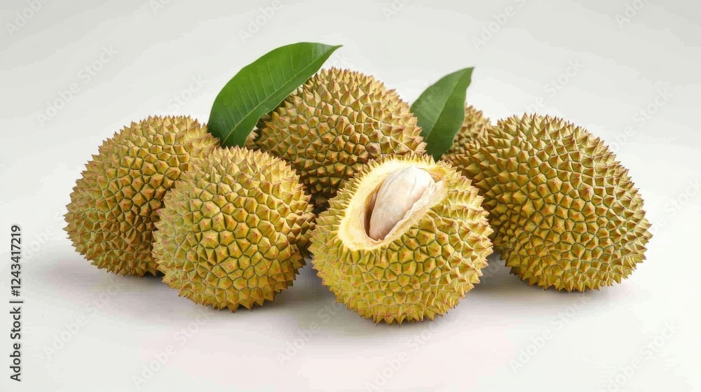 Close Up of Fresh Green Durian Fruits with Leaves on White Background Close Up of Fresh Green Durian Fruits with Leaves on White Background
