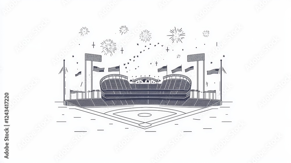 Obraz premium Festive Baseball Stadium Illustration - Minimalist line art of a baseball stadium with fireworks, symbolizing celebration, sport, community, victory, and summer.