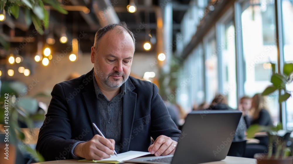 Fototapeta premium Stylish co-working space bustling with creativity as a man writes notes beside his laptop