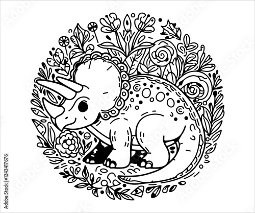 Cute hand drawn doodle dinosaur with floral ornament. Vector illustration.