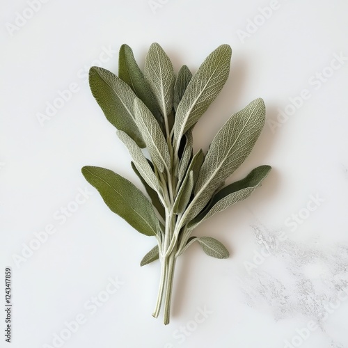 Lush sprig of sage with soft, velvety leaves displayed on a smooth white surface