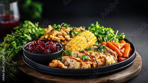 Thanksgiving platter featuring buttered corn next to stuffing, glazed carrots, cranberry sauce, with soft bokeh lighting for holiday warmth