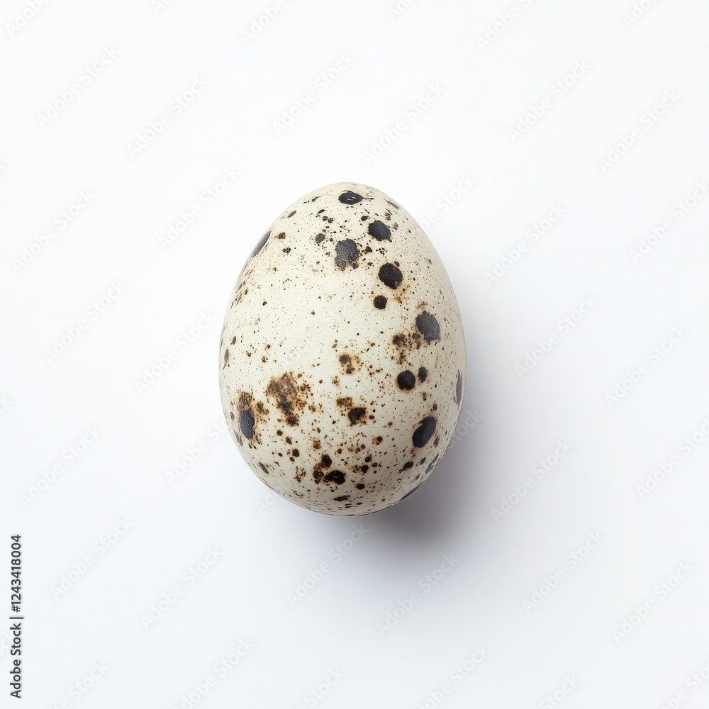 Unique quail egg with mottled speckled shell displayed against pristine white background Unique quail egg with mottled speckled shell displayed against pristine white background