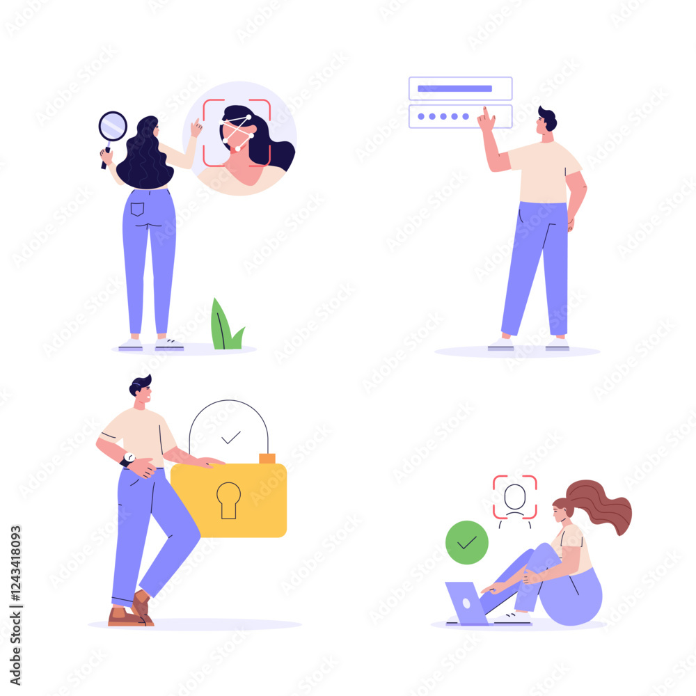 People standing with a phone, identifie a face. Set of facial recognition, face ID system, biometric identification. Vector Illustration collection for mobile app People standing with a phone, identifie a face. Set of facial recognition, face ID system, biometric identification. Vector Illustration collection for mobile app