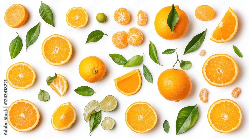 Bright Citrus Fruits Flatlay Sliced Oranges Mandarins and Leaves on White Bright Citrus Fruits Flatlay Sliced Oranges Mandarins and Leaves on White