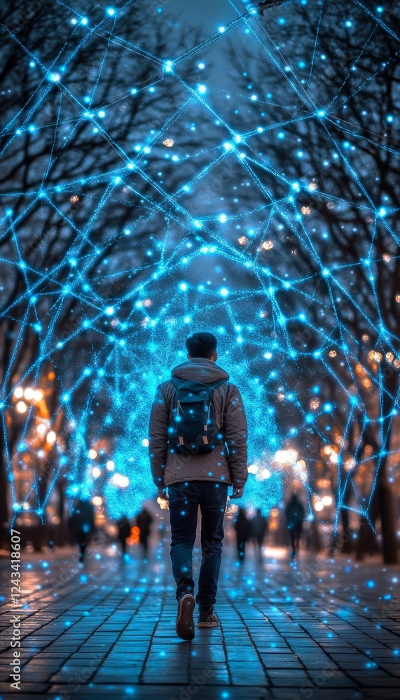 Solitary Figure Strolls through Alley of Glowing Blue Tree Lights in the Heart of Winter City. Solitary Figure Strolls through Alley of Glowing Blue Tree Lights in the Heart of Winter City.