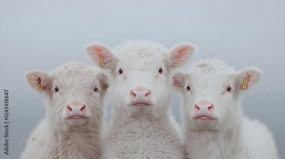Fototapeta premium Three white calves, foggy field, farm animals, nature, livestock