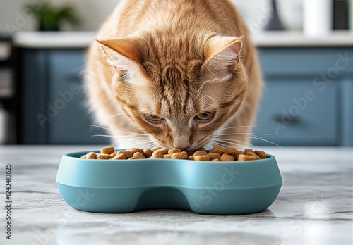 Close-up of Ginger Cat Eating Dry Food from Modern Pet Bowl on Kitchen Counter with Bright Interior Decor photo