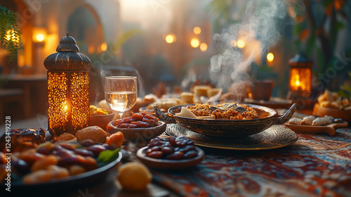 Traditional Middle Eastern Cuisine with Chickpeas Dates and Fresh Bread in a Warm and Cozy Ambiance Perfect for Ramadan or Festive Gatherings
