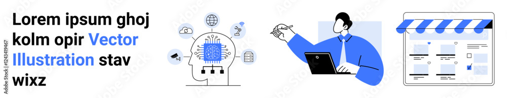 Human diagram with AI and chip, person working on laptop, and online storefront. Ideal for technology, AI, digital marketing, e-commerce, online education tutorials idea generation. Landing page Human diagram with AI and chip, person working on laptop, and online storefront. Ideal for technology, AI, digital marketing, e-commerce, online education tutorials idea generation. Landing page