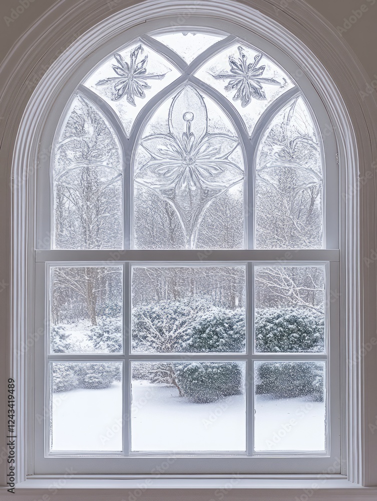 Ornate Window Showing a Snowy Winter Landscape Ornate Window Showing a Snowy Winter Landscape