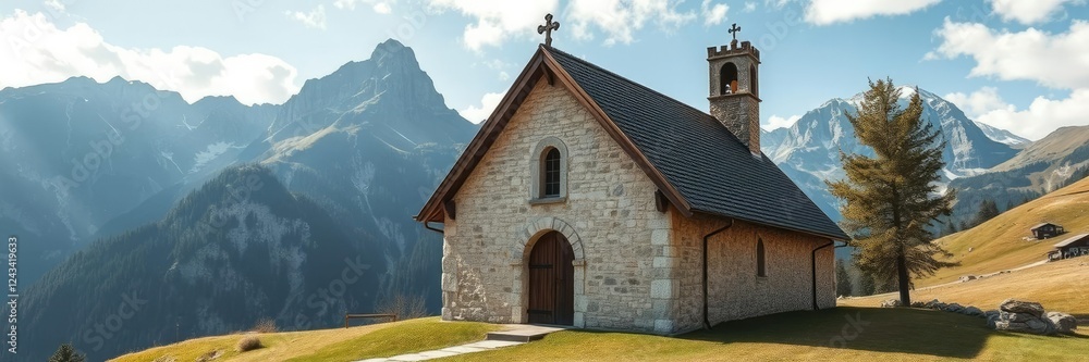 The chapel's steeply pitched roof and narrow doorway evoke a sense of medieval mystery in the Dolomite mountains, narrow doorways, stone walls The chapel's steeply pitched roof and narrow doorway evoke a sense of medieval mystery in the Dolomite mountains, narrow doorways, stone walls
