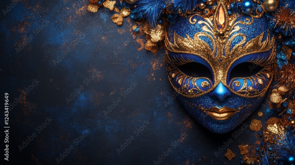 Elegant blue and gold venetian carnival mask with glitter and feathers on dark background Elegant blue and gold venetian carnival mask with glitter and feathers on dark background