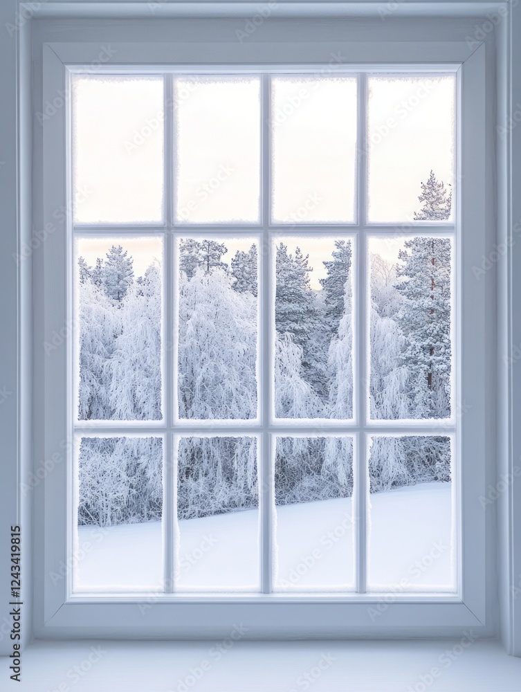 Frosty Window Pane Reveals Winter Wonderland Scene Frosty Window Pane Reveals Winter Wonderland Scene