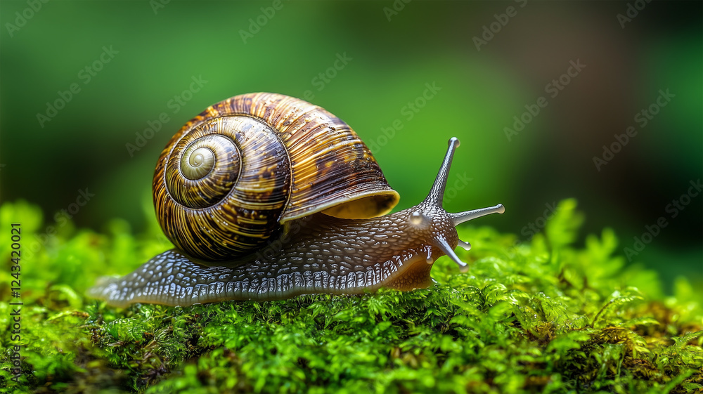 緑深い森の中、苔の絨毯を進むカタツムリの静けさ