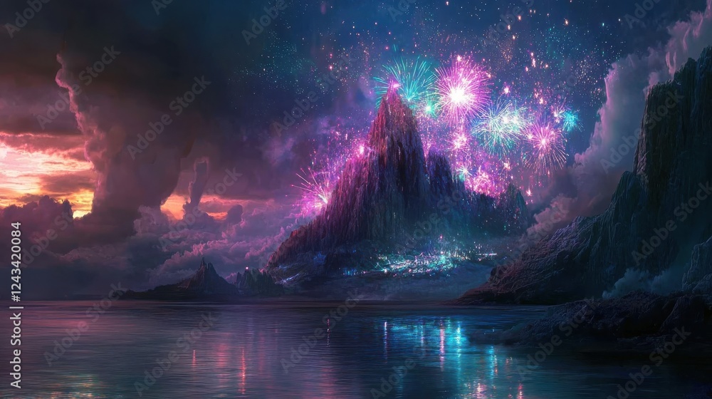 Obraz premium Radiant fireworks illuminate oceanside cliffs as colors reflect beautifully in the calm waters below at dusk