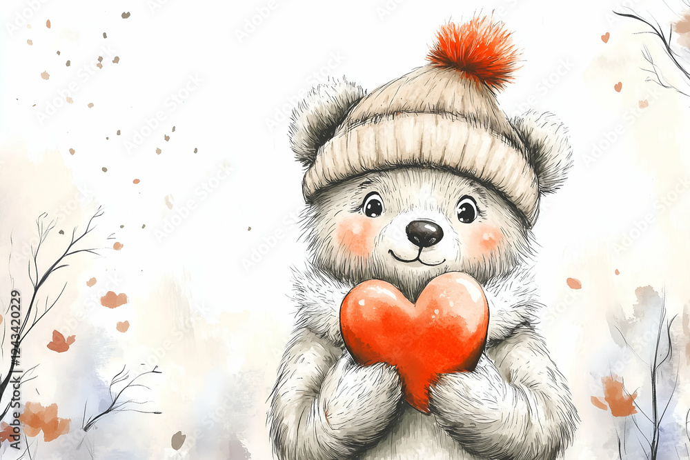 Beautiful illustration of a bear in a hat holds a heart in his paws. Valentine`s Day postcard Beautiful illustration of a bear in a hat holds a heart in his paws. Valentine`s Day postcard